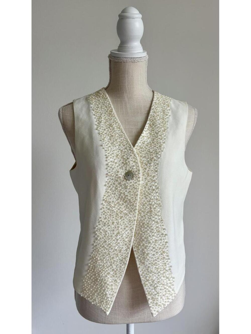 VINTAGE Kenar Cream Beaded Pearl Trim Satin Vest Size M